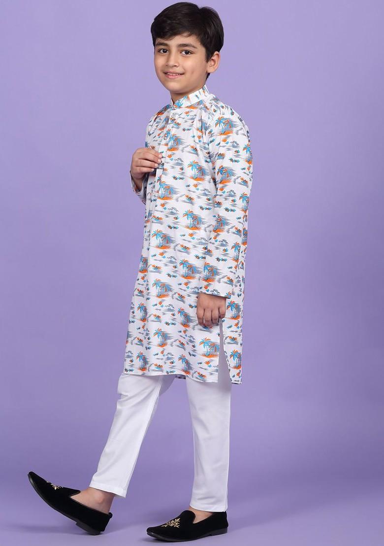White Printed Blended Kurta Set For Boys - Indya