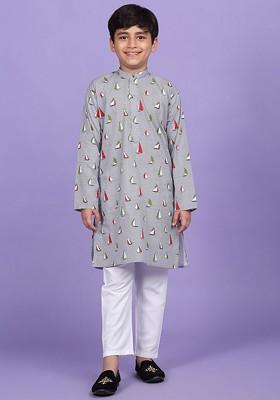 Grey Printed Blended Kurta Set For Boys