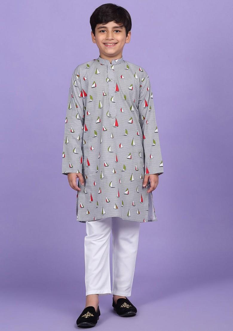 Grey Printed Blended Kurta Set For Boys - Indya