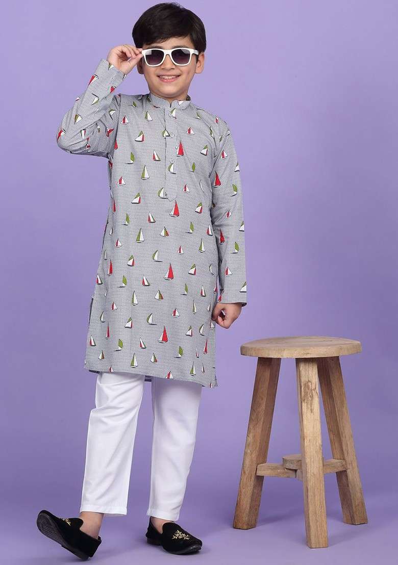 Grey Printed Blended Kurta Set For Boys - Indya
