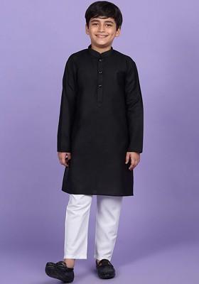 Black Embroidered Blended Kurta Set For Boys