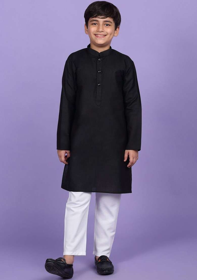 Black Embroidered Blended Kurta Set For Boys - Indya