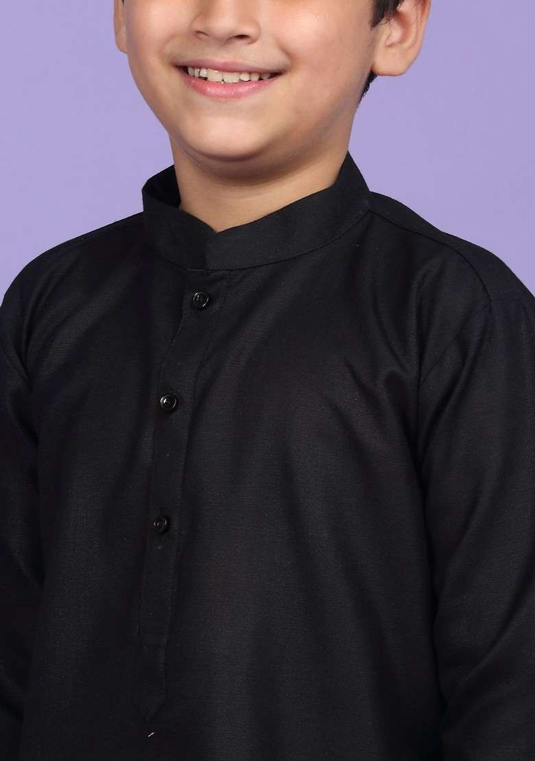 Black Embroidered Blended Kurta Set For Boys - Indya