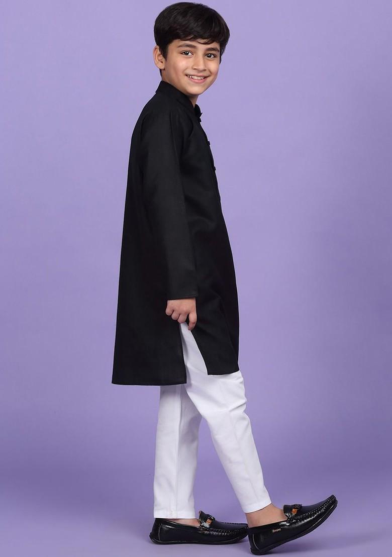 Black Embroidered Blended Kurta Set For Boys - Indya