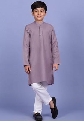 Purple Embroidered Blended Kurta Set For Boys