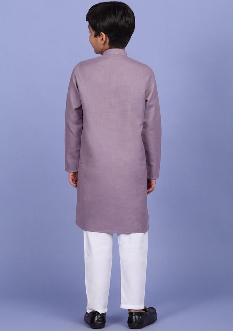 Purple Embroidered Blended Kurta Set For Boys - Indya