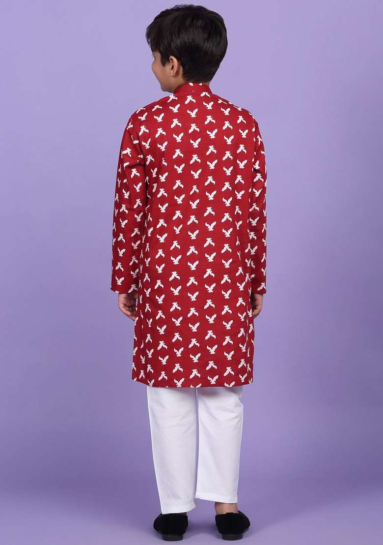 Maroon Printed Blended Kurta Set For Boys - Indya