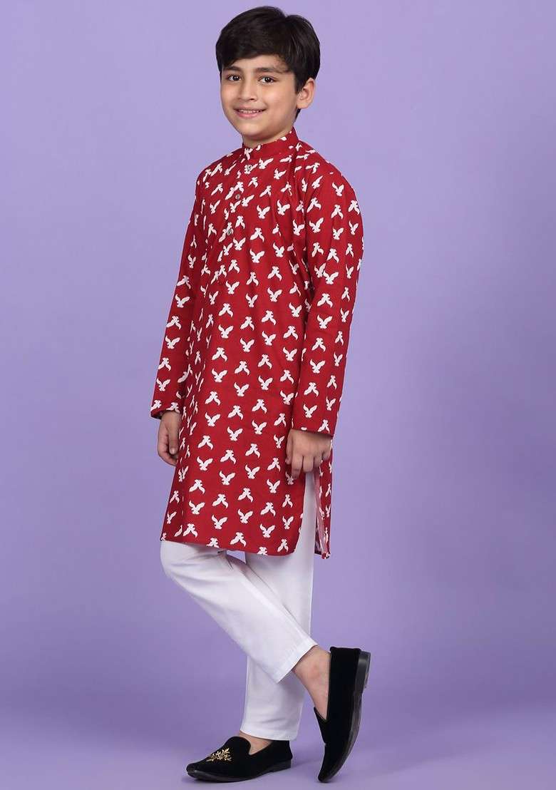 Maroon Printed Blended Kurta Set For Boys - Indya