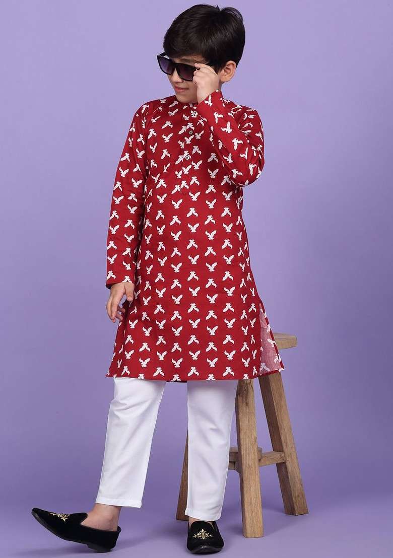 Maroon Printed Blended Kurta Set For Boys - Indya