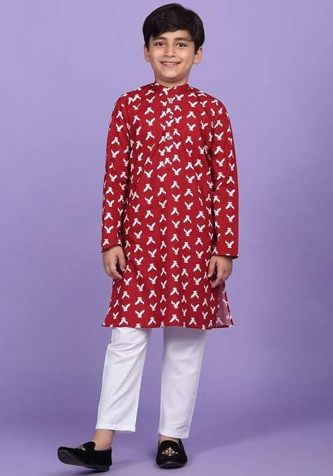 Maroon Printed Blended Kurta Set For Boys