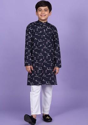 Blue Printed Blended Kurta Set For Boys