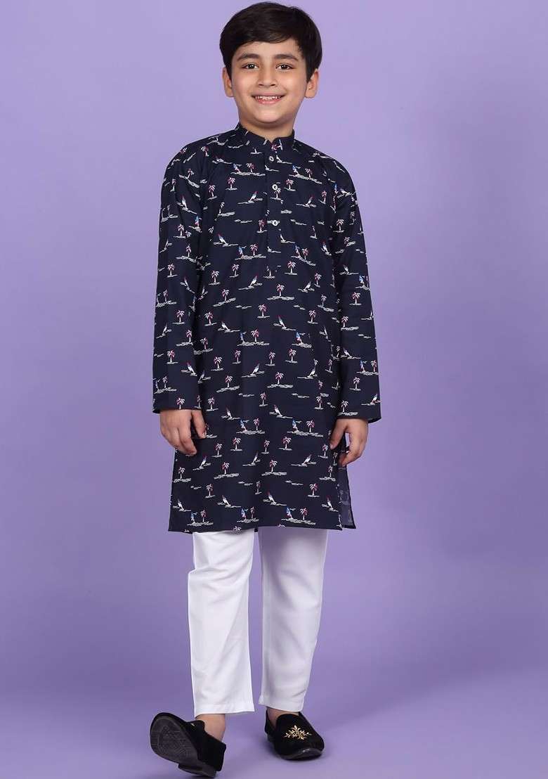 Blue Printed Blended Kurta Set For Boys - Indya