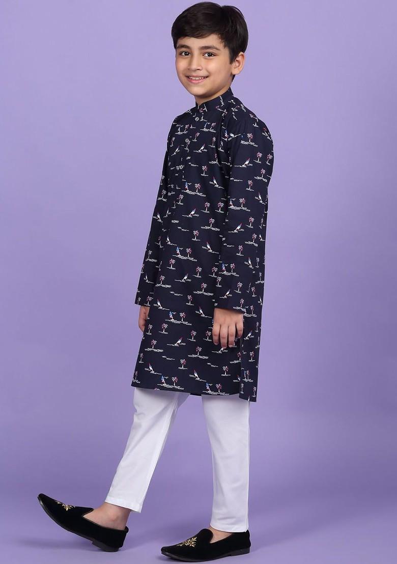 Blue Printed Blended Kurta Set For Boys - Indya