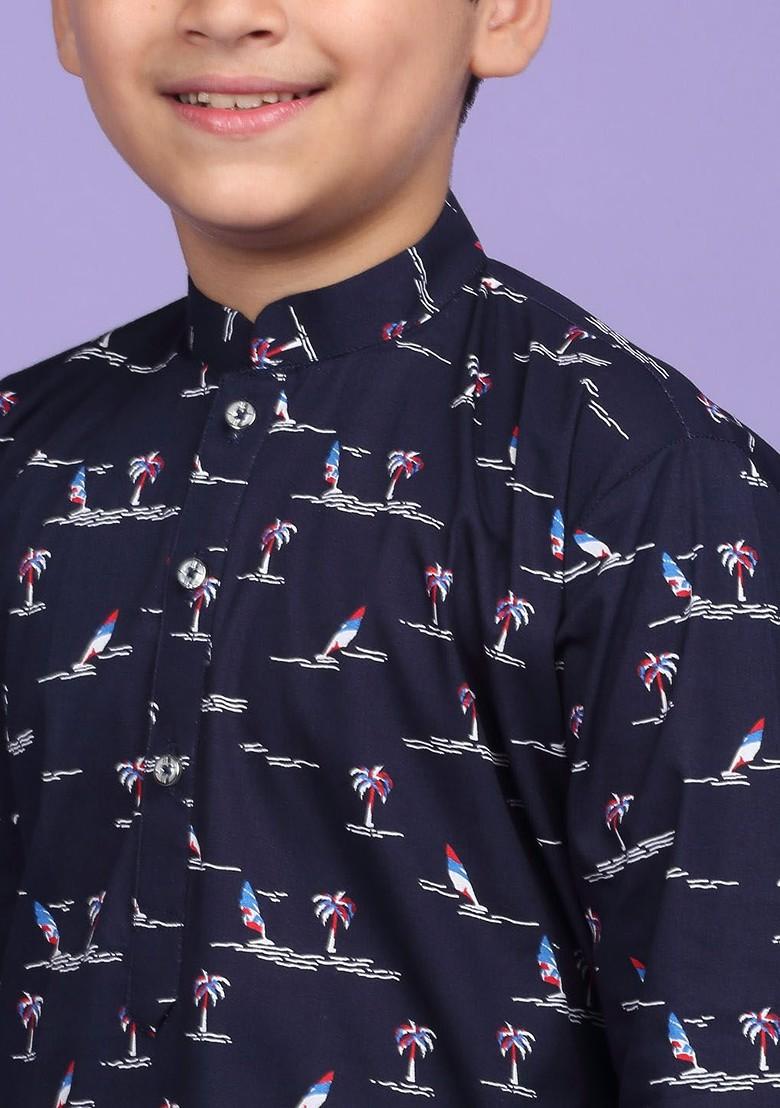 Blue Printed Blended Kurta Set For Boys - Indya