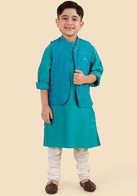 Blue Embroidered Blended Nehru Jacket Set For Boys