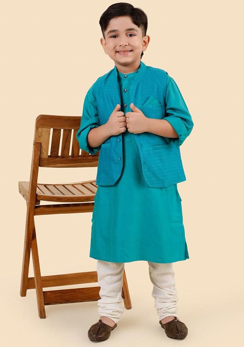 Blue Embroidered Blended Nehru Jacket Set For Boys - Indya