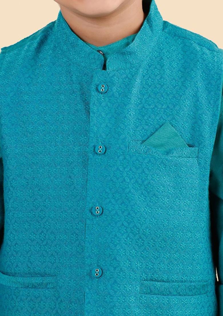 Blue Embroidered Blended Nehru Jacket Set For Boys - Indya