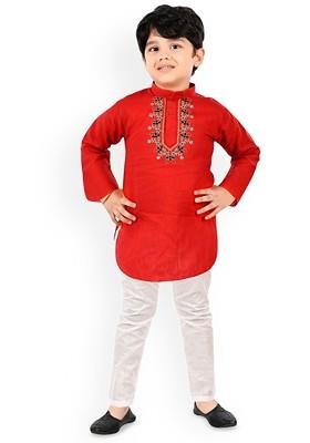 Red Embroidered Blended Kurta Set For Boys