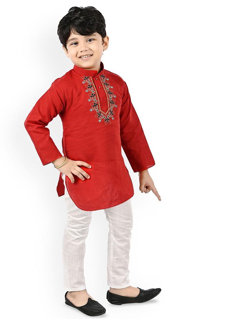 Red Embroidered Blended Kurta Set For Boys - Indya
