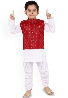 Maroon Embroidered Blended Kurta Set For Boys