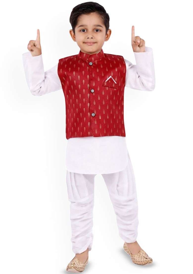 Maroon Embroidered Blended Kurta Set For Boys - Indya