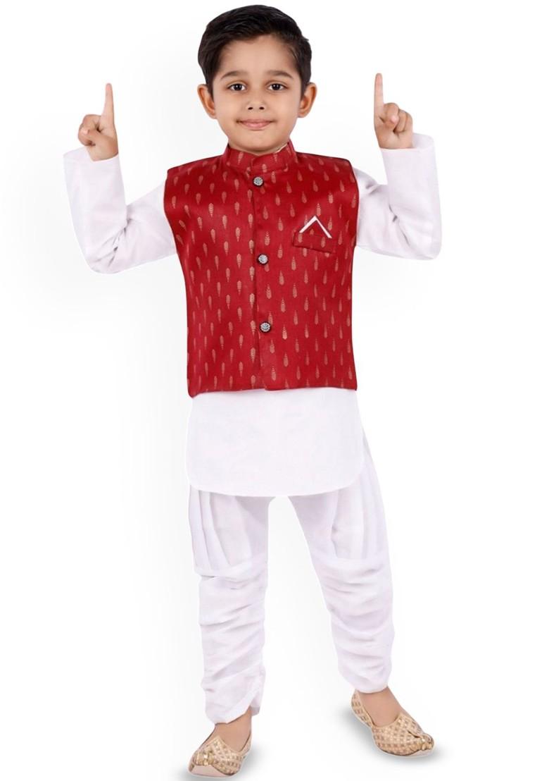 Maroon Embroidered Blended Kurta Set For Boys - Indya