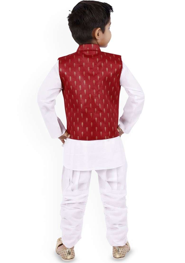 Maroon Embroidered Blended Kurta Set For Boys - Indya