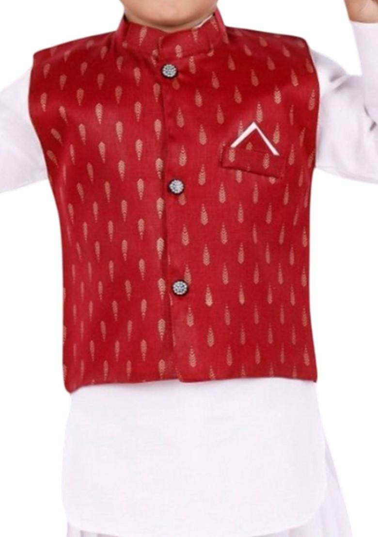 Maroon Embroidered Blended Kurta Set For Boys - Indya