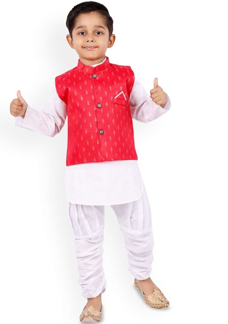 Red Embroidered Blended Kurta Set For Boys - Indya