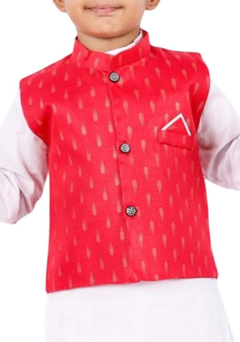 Red Embroidered Blended Kurta Set For Boys - Indya