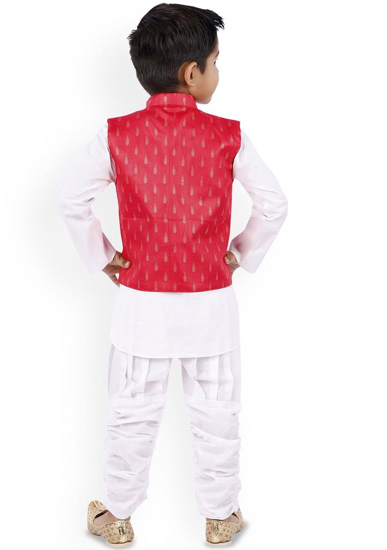 Red Embroidered Blended Kurta Set For Boys - Indya