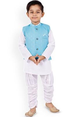 Turquoise Blue Embroidered Blended Kurta Set For Boys