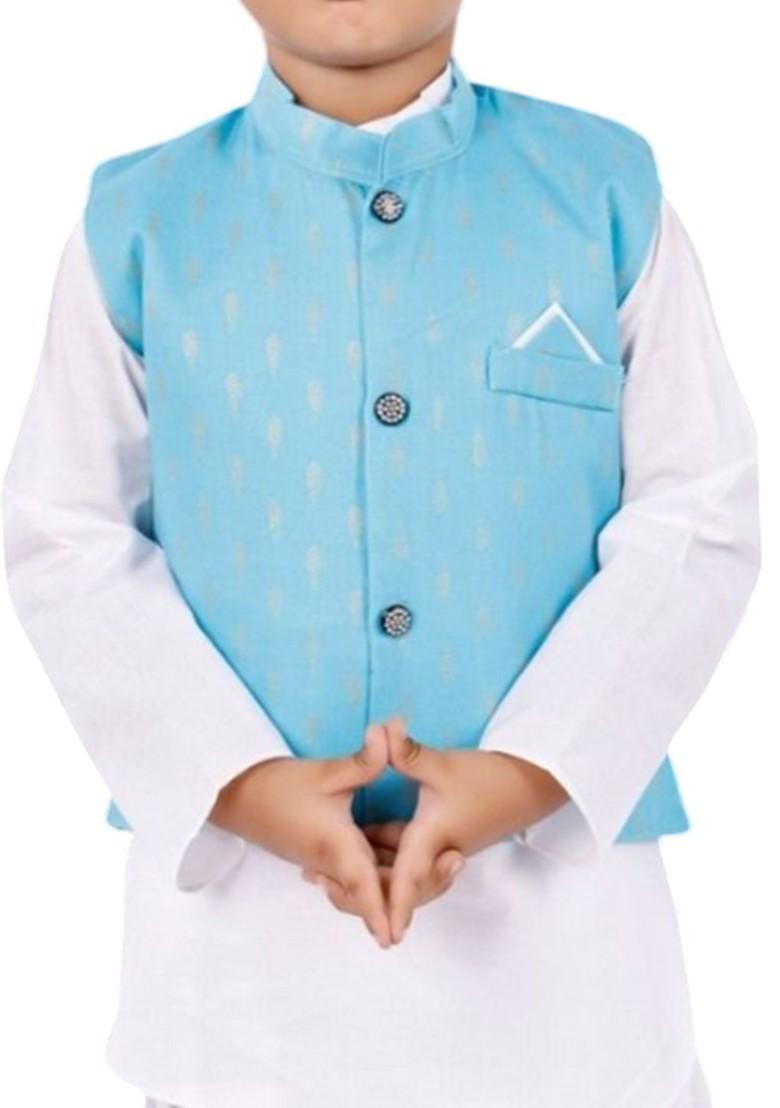 Turquoise Blue Embroidered Blended Kurta Set For Boys - Indya