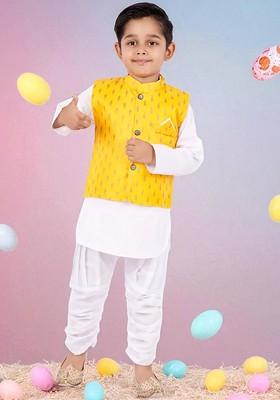 Yellow Embroidered Blended Kurta Set For Boys