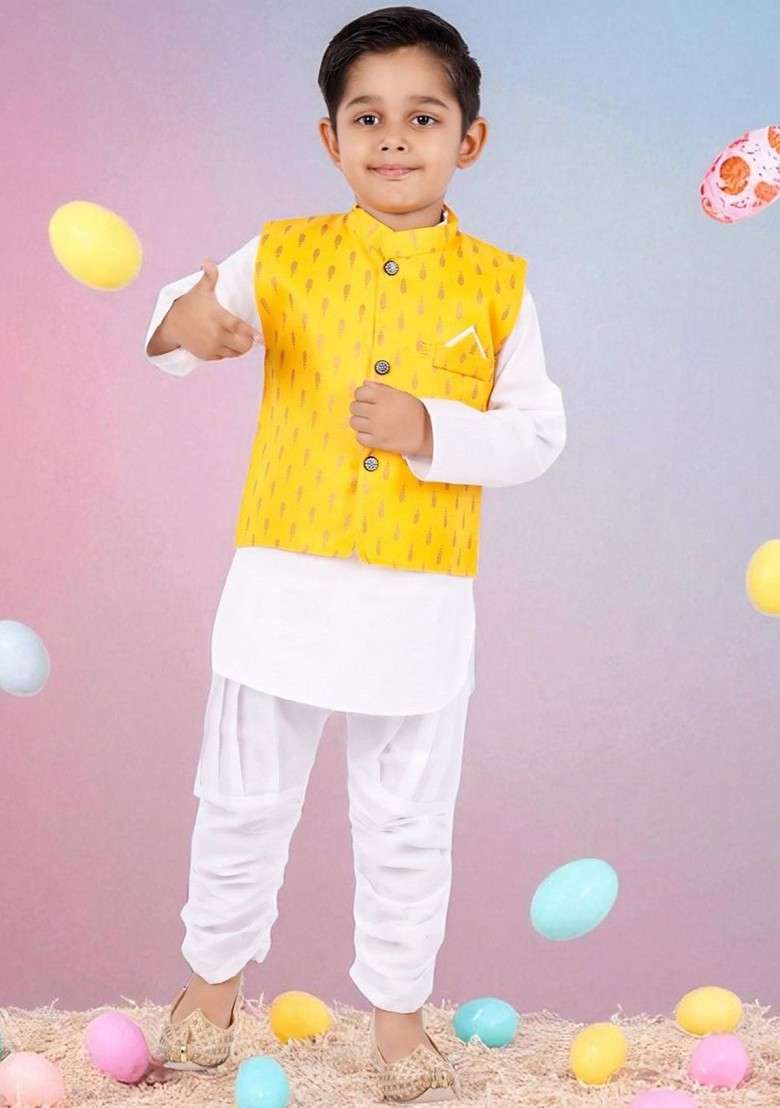 Yellow Embroidered Blended Kurta Set For Boys - Indya