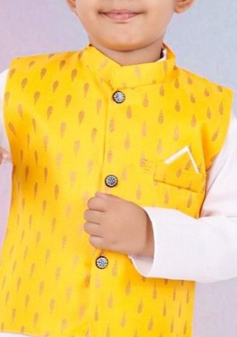 Yellow Embroidered Blended Kurta Set For Boys - Indya