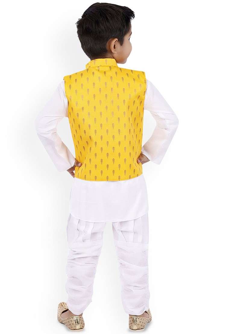 Yellow Embroidered Blended Kurta Set For Boys - Indya