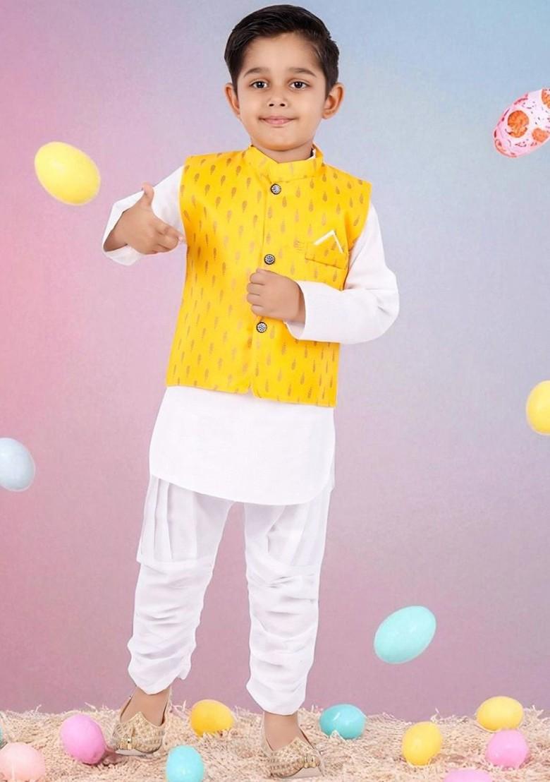 Yellow Embroidered Blended Kurta Set For Boys - Indya