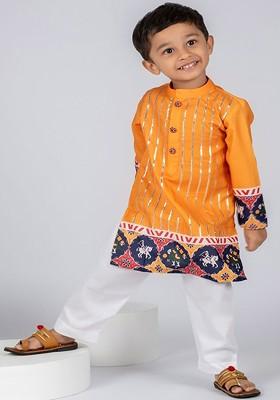 Yellow Striped Cotton Kurta Set For Boys