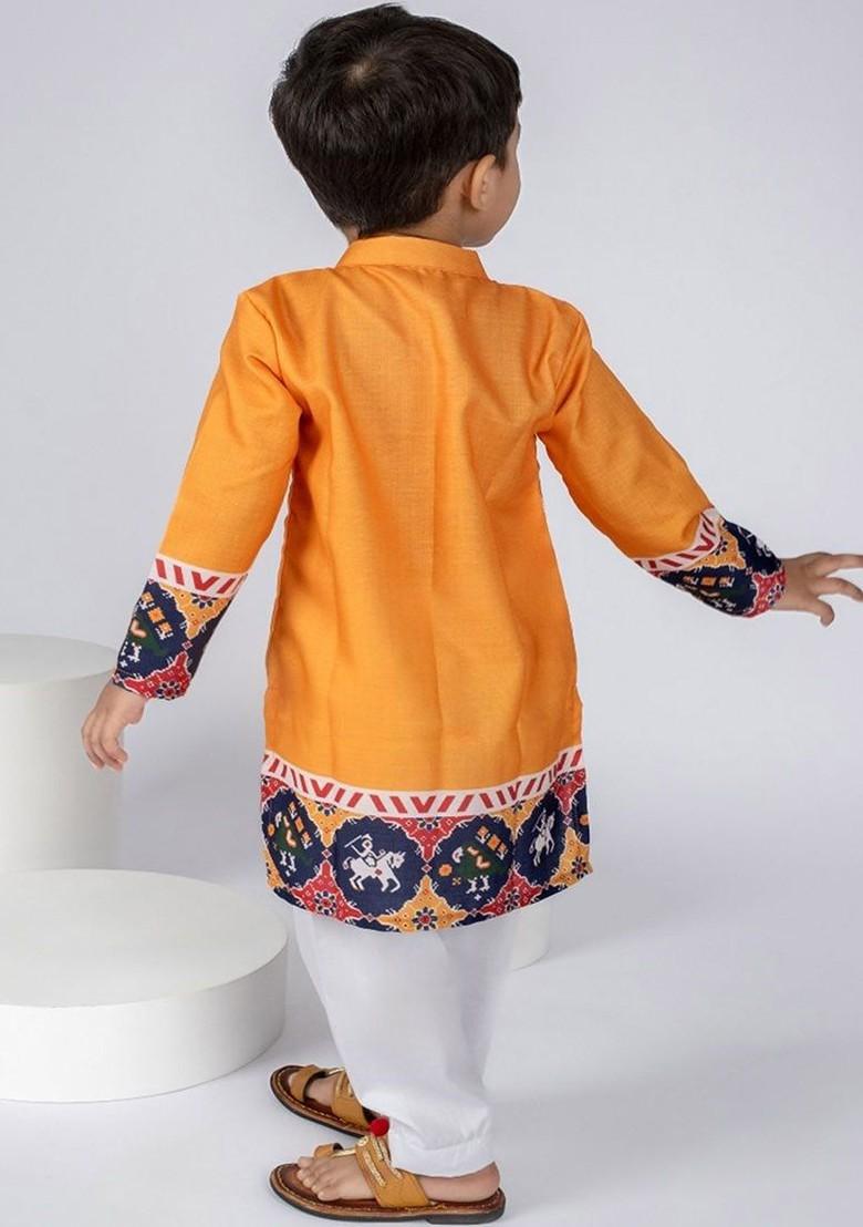 Yellow Striped Cotton Kurta Set For Boys - Indya