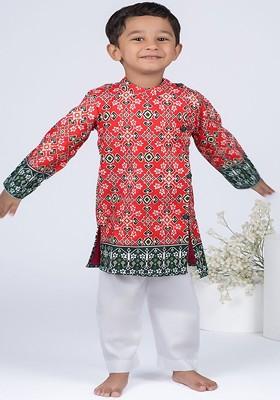 Red Printed Cotton Kurta Set For Boys