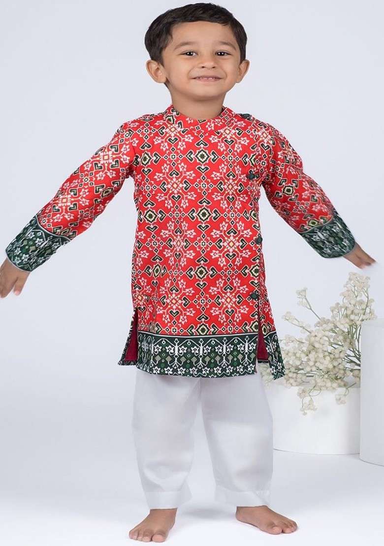 Red Printed Cotton Kurta Set For Boys - Indya