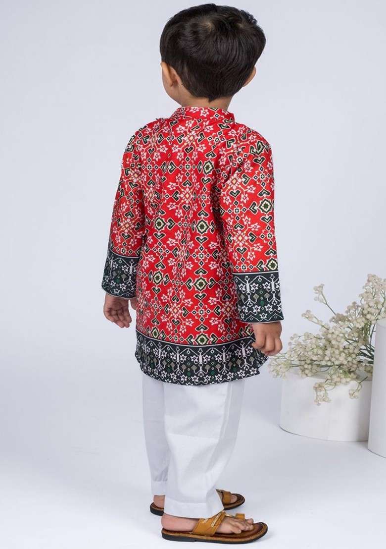 Red Printed Cotton Kurta Set For Boys - Indya