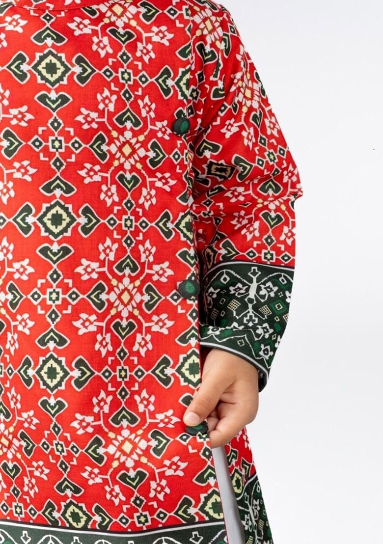 Red Printed Cotton Kurta Set For Boys - Indya