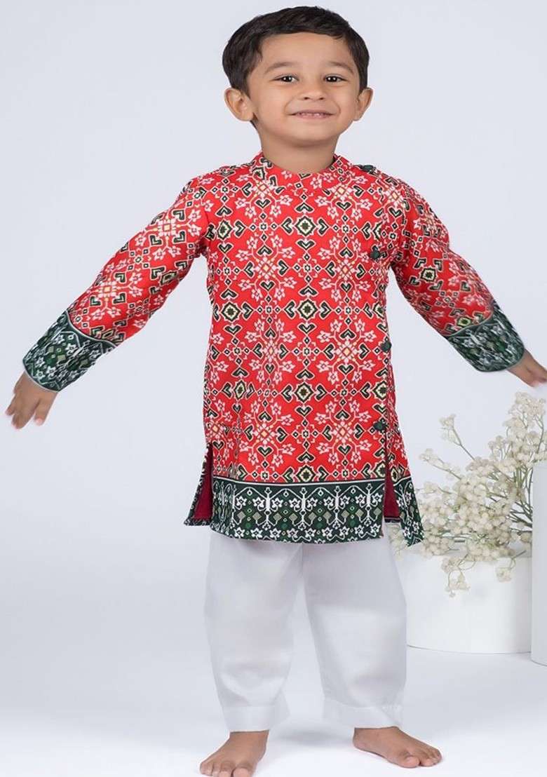 Red Printed Cotton Kurta Set For Boys - Indya