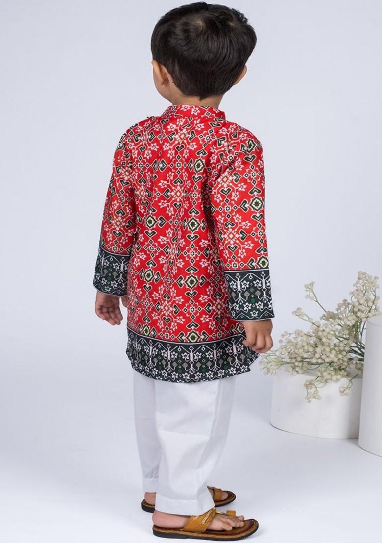 Red Printed Cotton Kurta Set For Boys - Indya