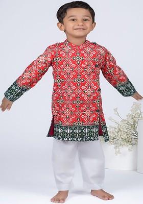 Red Printed Cotton Kurta Set For Boys