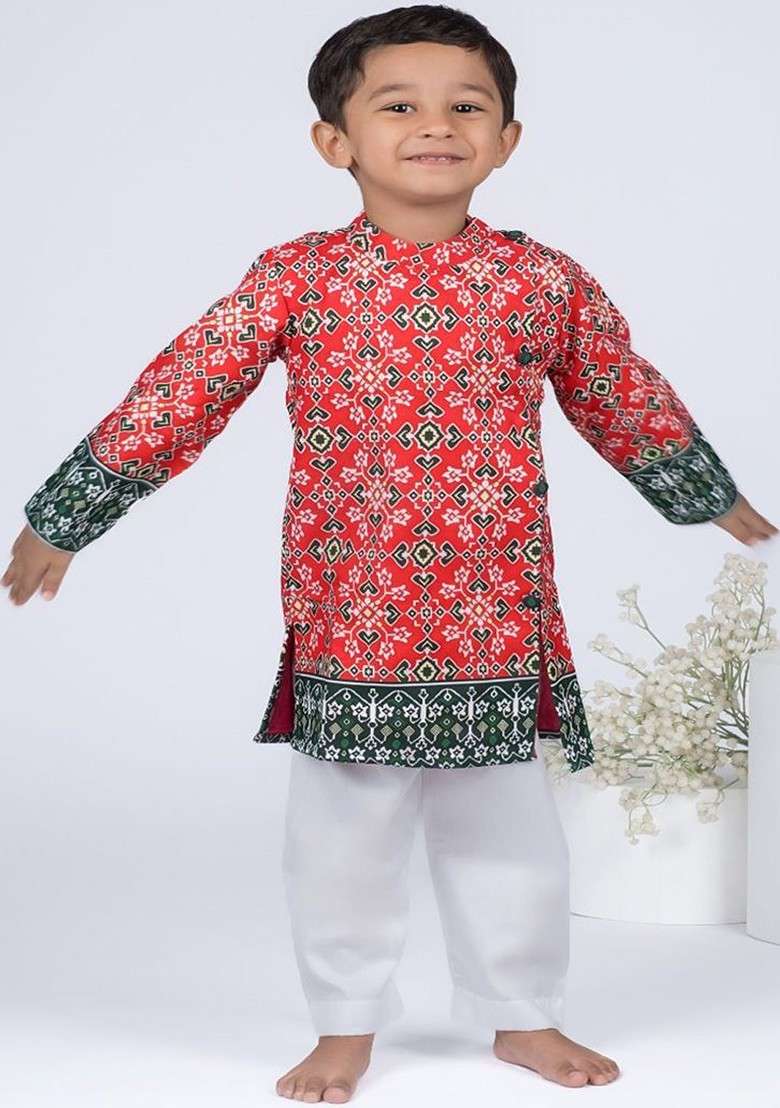 Red Printed Cotton Kurta Set For Boys - Indya