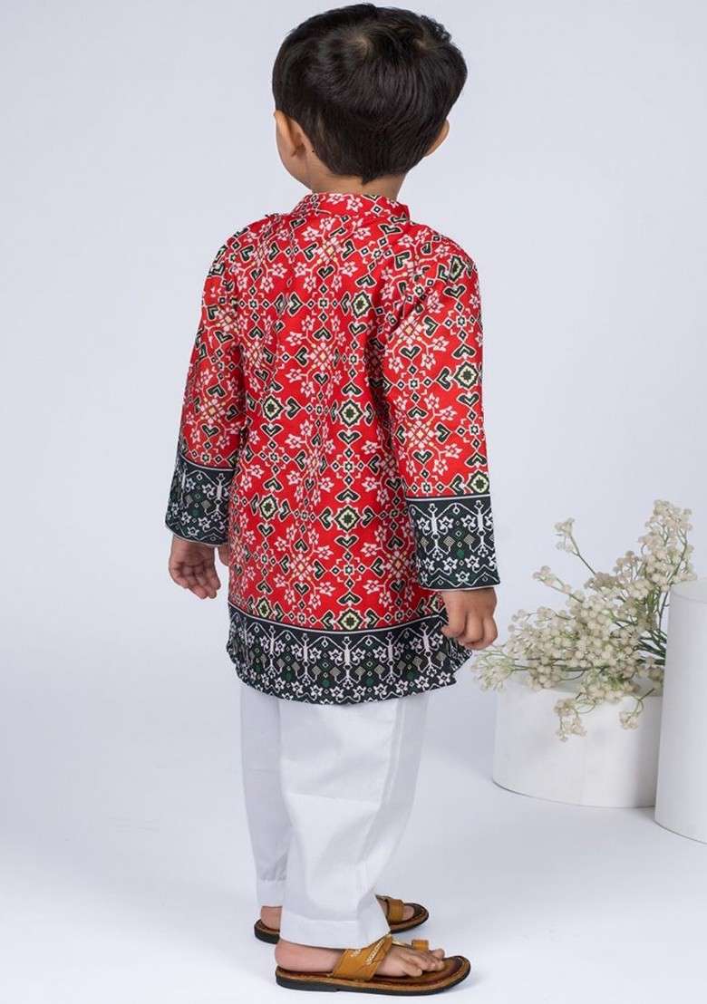Red Printed Cotton Kurta Set For Boys - Indya