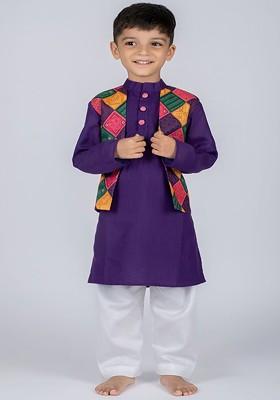 Purple Embroidered Cotton Kurta Set For Boys